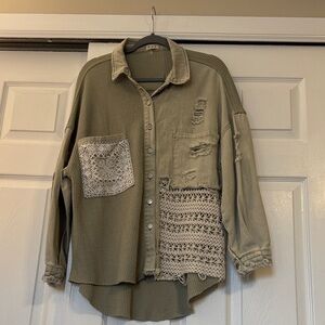 POL Sage Green crocheted and lace Shacket